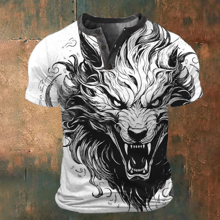WorldNorse Savage Wolf Art Henley T-Shirt - White - US/UK/AU52，EU62 (6XL) - image 1