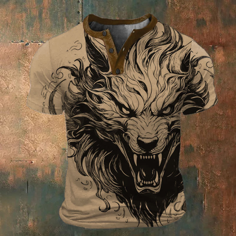 WorldNorse Savage Wolf Art Henley T-Shirt - Khaki - US/UK/AU52，EU62 (6XL) - image 2