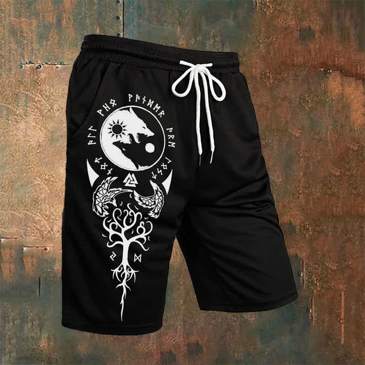 WorldNorse Viking Yggdrasil Wolves Raven Valknut Casual Shorts
