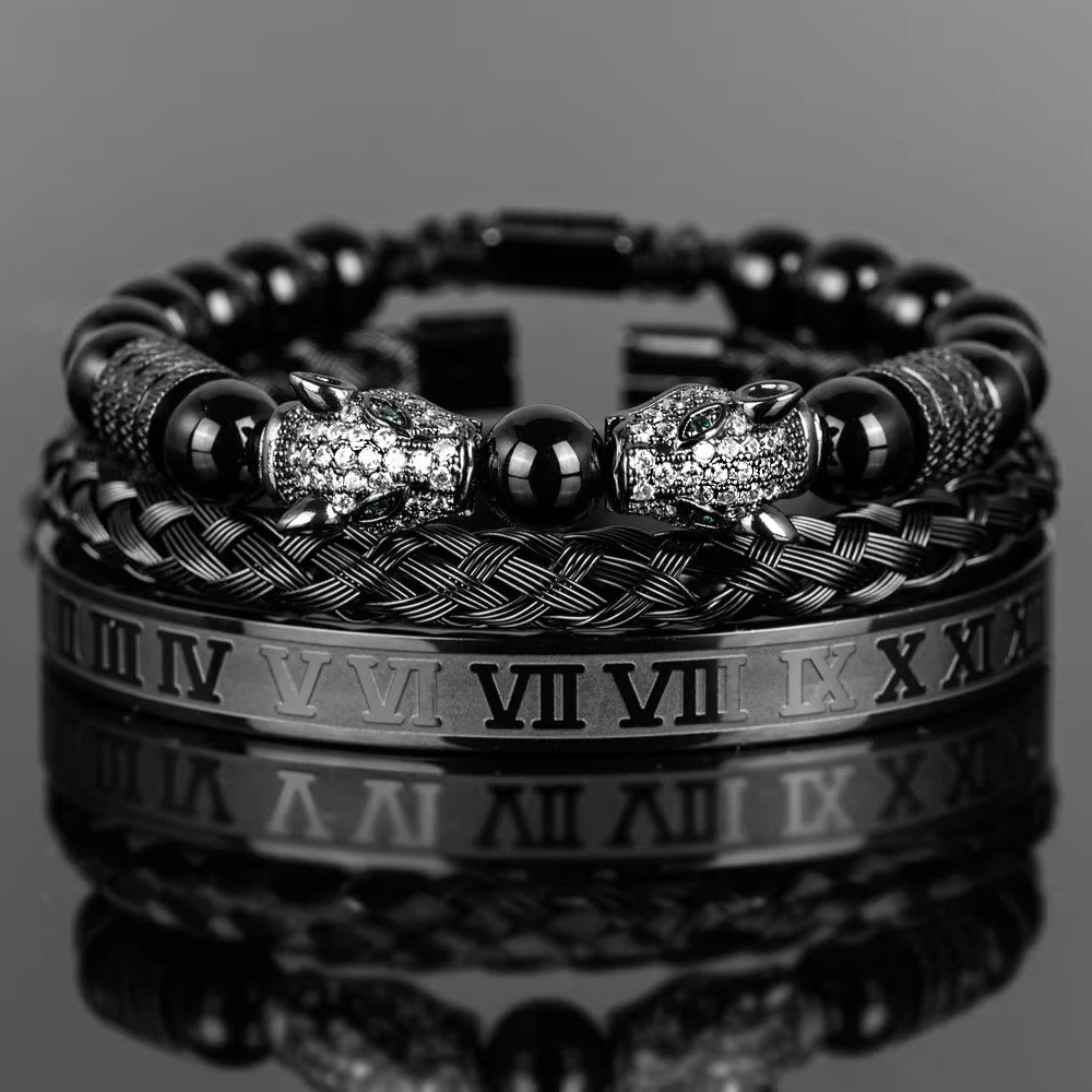 WorldNorse Double Leopard Head Roman Numerals Beaded Bracelet