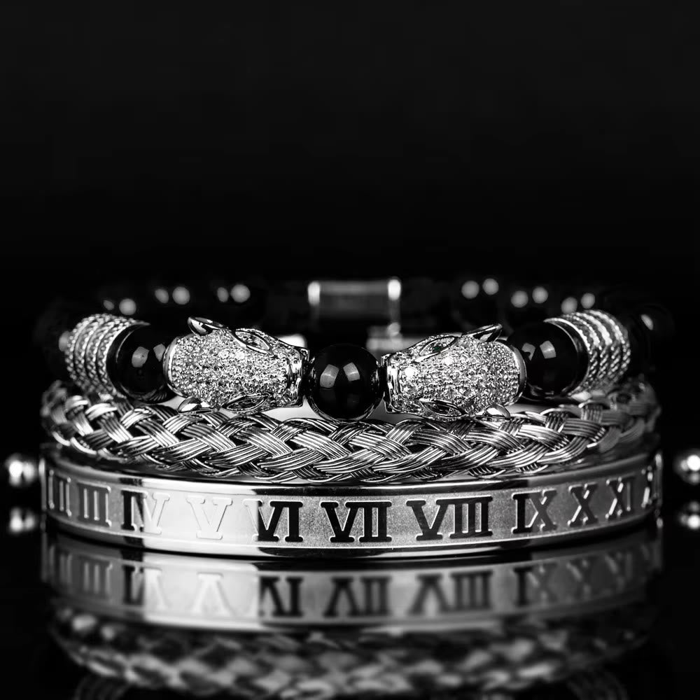 WorldNorse Double Leopard Head Roman Numerals Beaded Bracelet