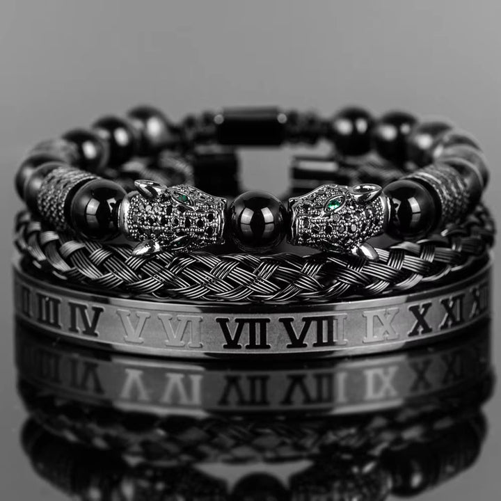 WorldNorse Double Leopard Head Roman Numerals Beaded Bracelet