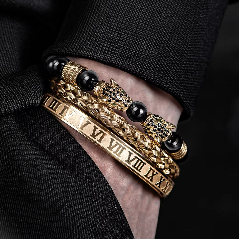 WorldNorse Double Leopard Head Roman Numerals Beaded Bracelet