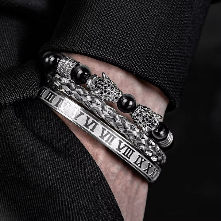 WorldNorse Double Leopard Head Roman Numerals Beaded Bracelet