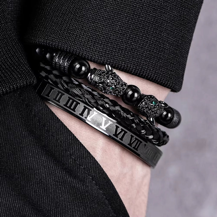 WorldNorse Double Leopard Head Roman Numerals Beaded Bracelet