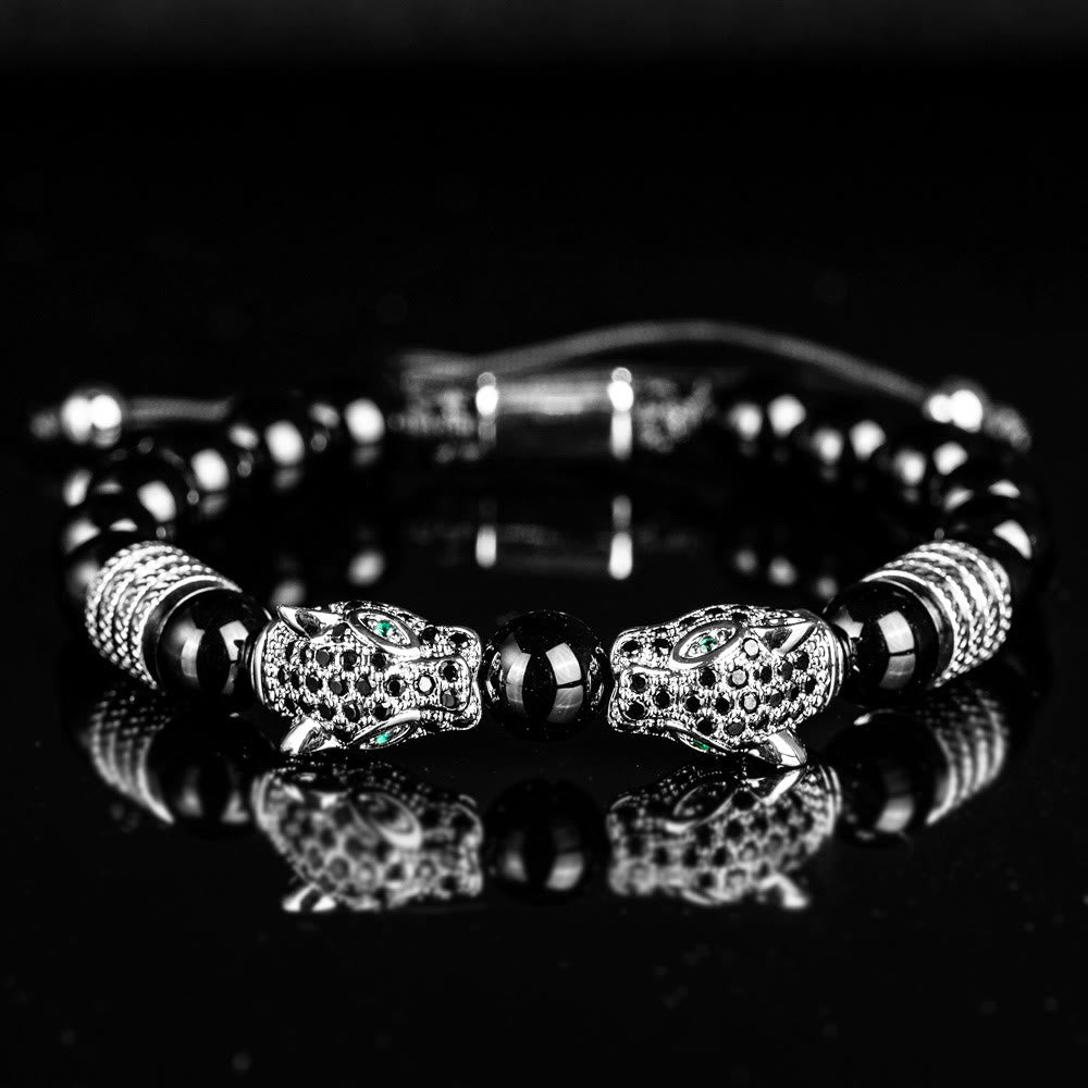 WorldNorse Double Leopard Head Roman Numerals Beaded Bracelet