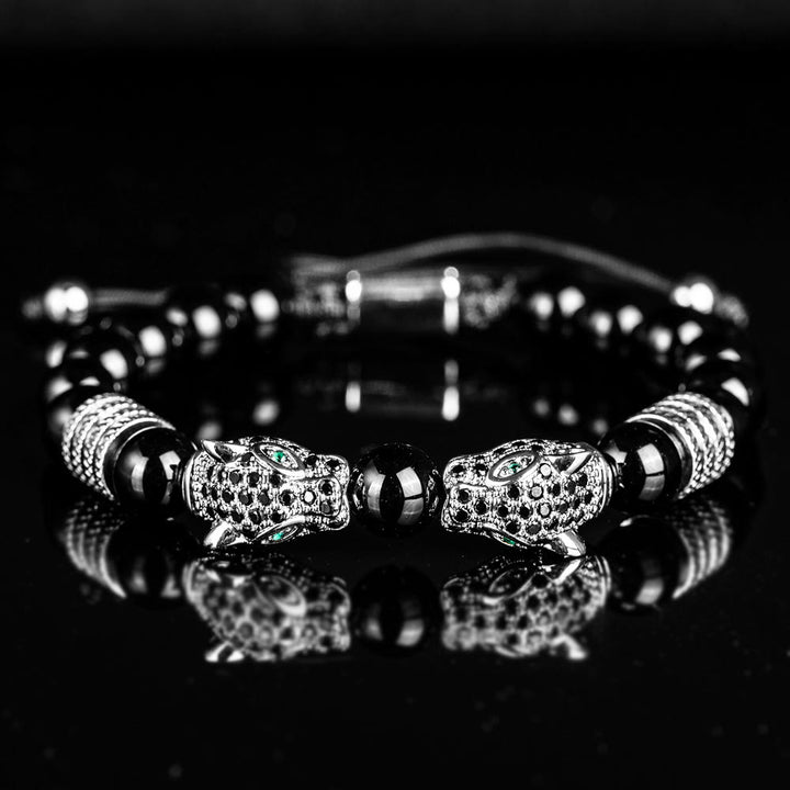 WorldNorse Double Leopard Head Roman Numerals Beaded Bracelet