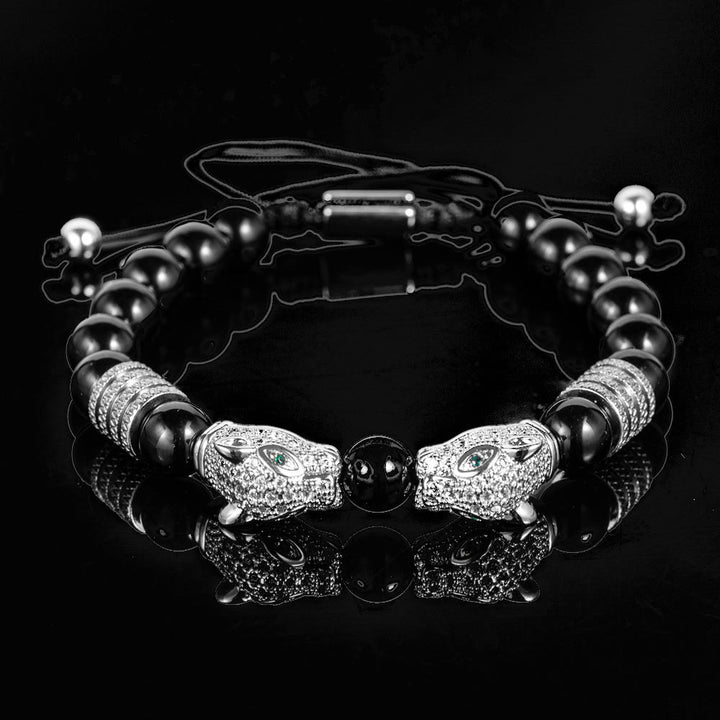 WorldNorse Double Leopard Head Roman Numerals Beaded Bracelet