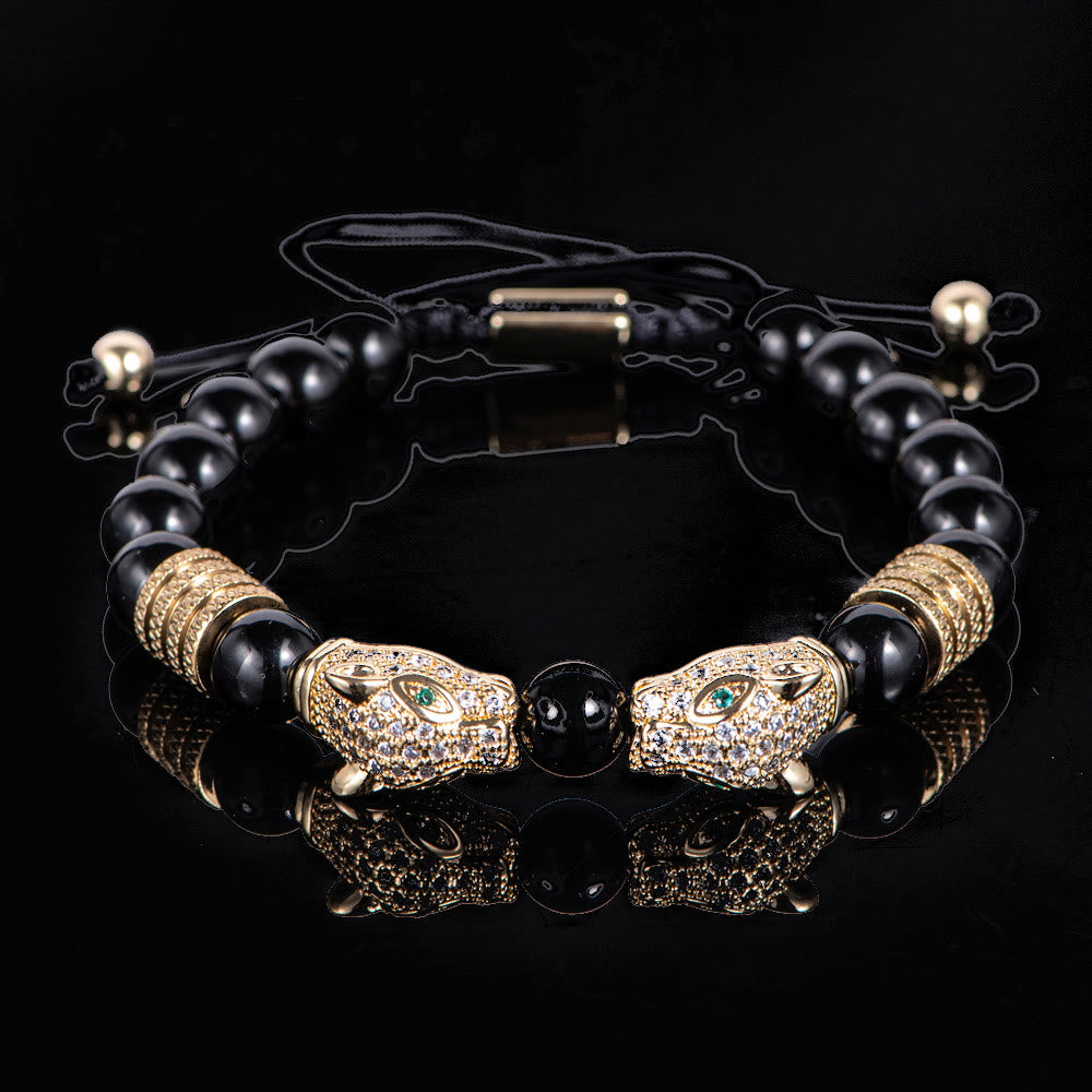 WorldNorse Double Leopard Head Roman Numerals Beaded Bracelet