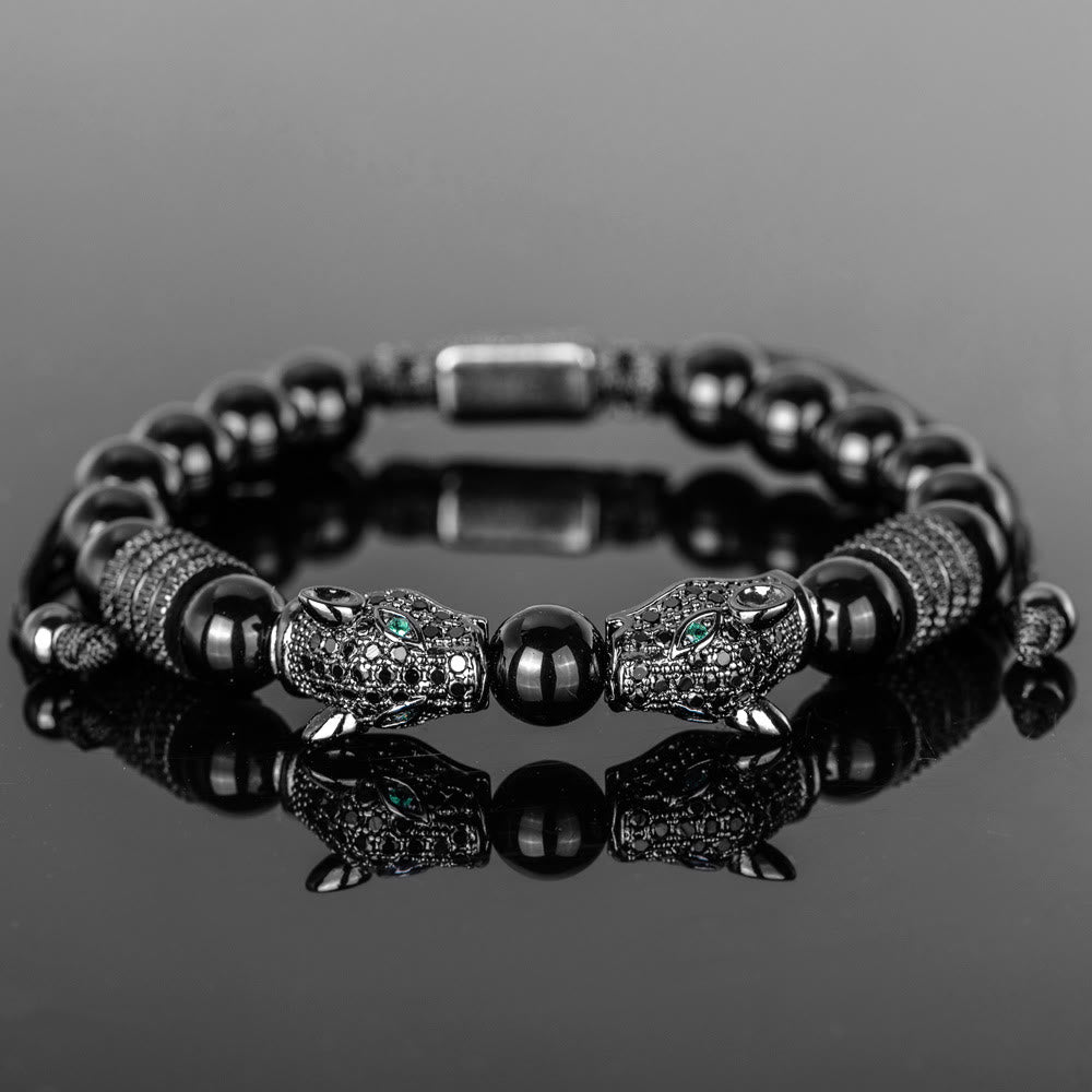 WorldNorse Double Leopard Head Roman Numerals Beaded Bracelet