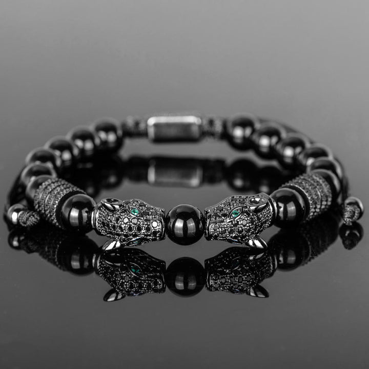 WorldNorse Double Leopard Head Roman Numerals Beaded Bracelet