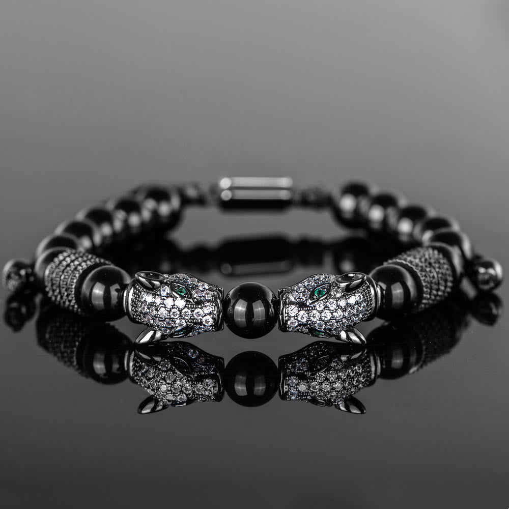 WorldNorse Double Leopard Head Roman Numerals Beaded Bracelet