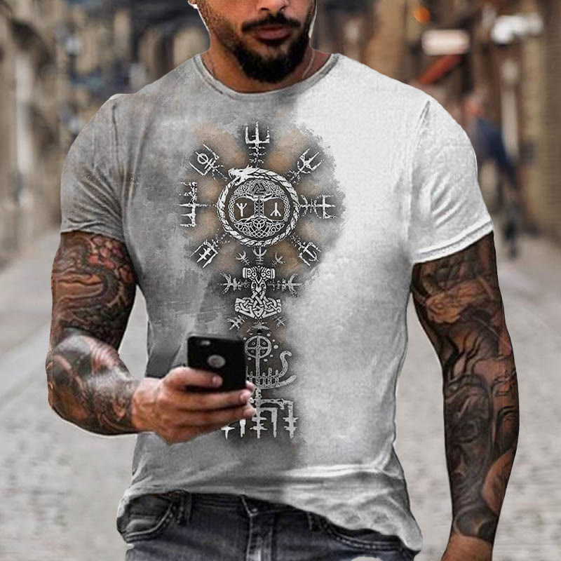 WorldNorse Vegvisir Valknut Mjolnir Jormungandr Triquetra Celtic Knot Short T-Shirt - US/UK/AU52，EU62 (6XL) - image 0