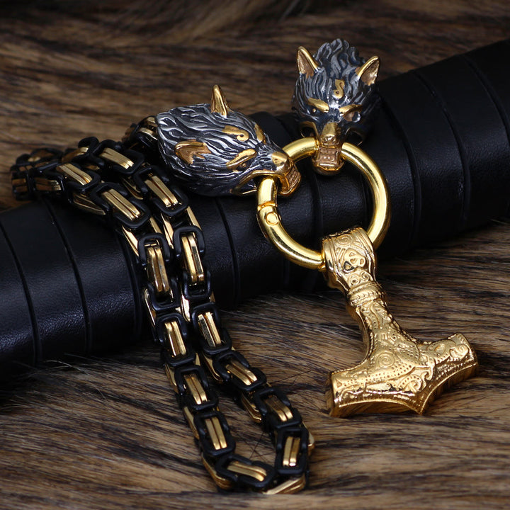 WorldNorse Twin Wolf Head Mjölnir Rune Necklace - Gold - 70cm - image 0