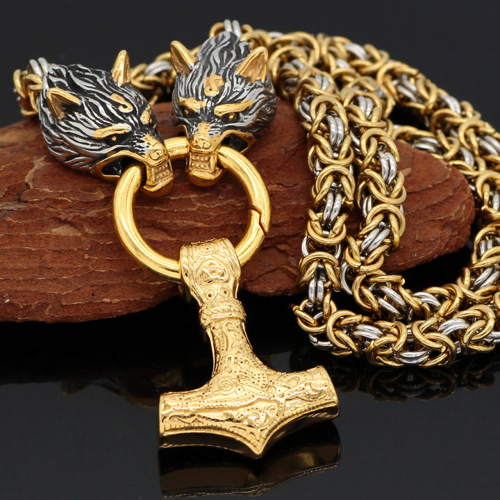 WorldNorse Twin Wolf Head Mjölnir Necklace - Gold - 70cm - image 5