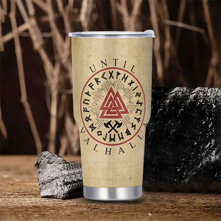 WorldNorse Until Valhalla Viking Axe Triquetra Valknut Tumbler
