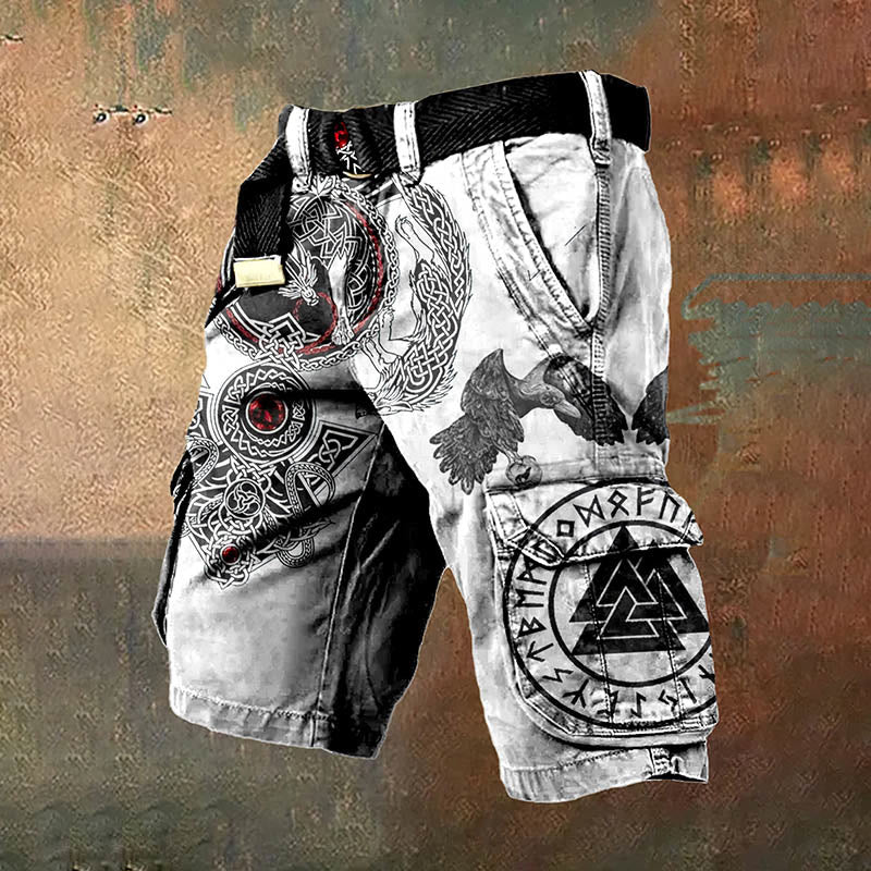 Worldnorse Valknut Rune Raven Cargo Shorts - Men's Viking Cargo Shorts ...
