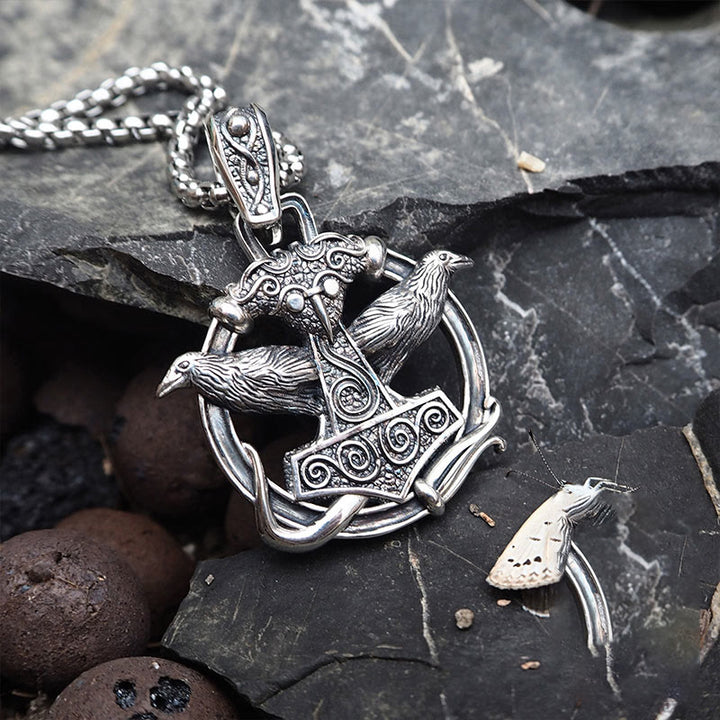 WorldNorse 925 Sterling Silver Mjolnir Huginn and Muninn Necklace - image 3