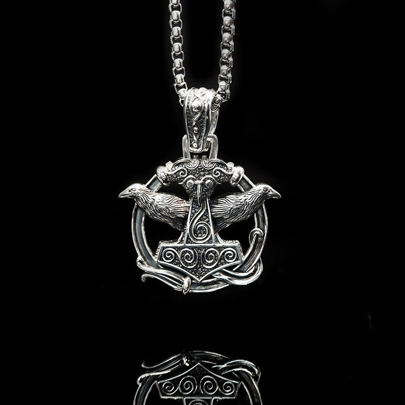 WorldNorse 925 Sterling Silver Mjolnir Huginn and Muninn Necklace - Raven - image 0