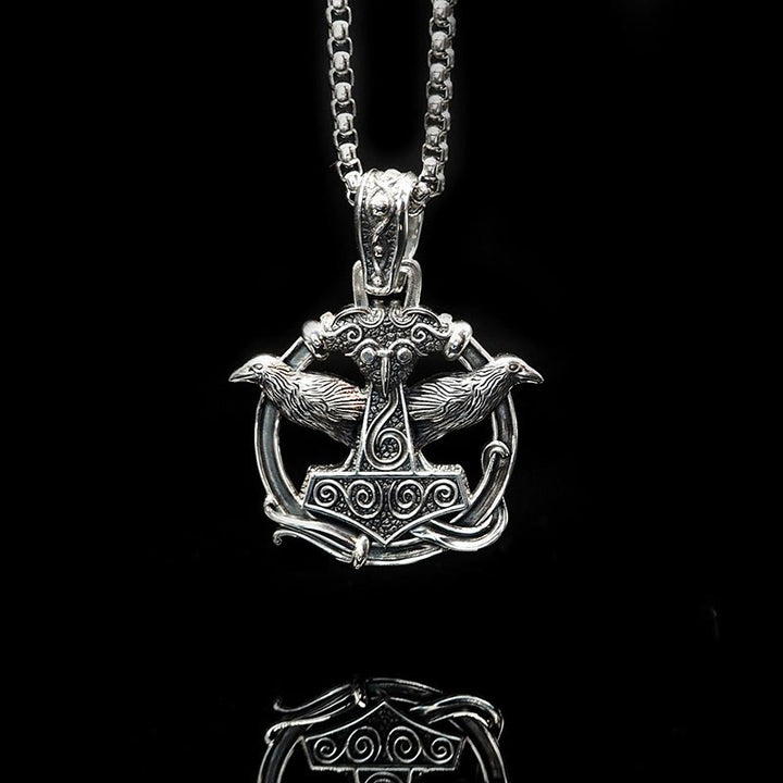 WorldNorse 925 Sterling Silver Mjolnir Huginn and Muninn Necklace - Raven - image 0