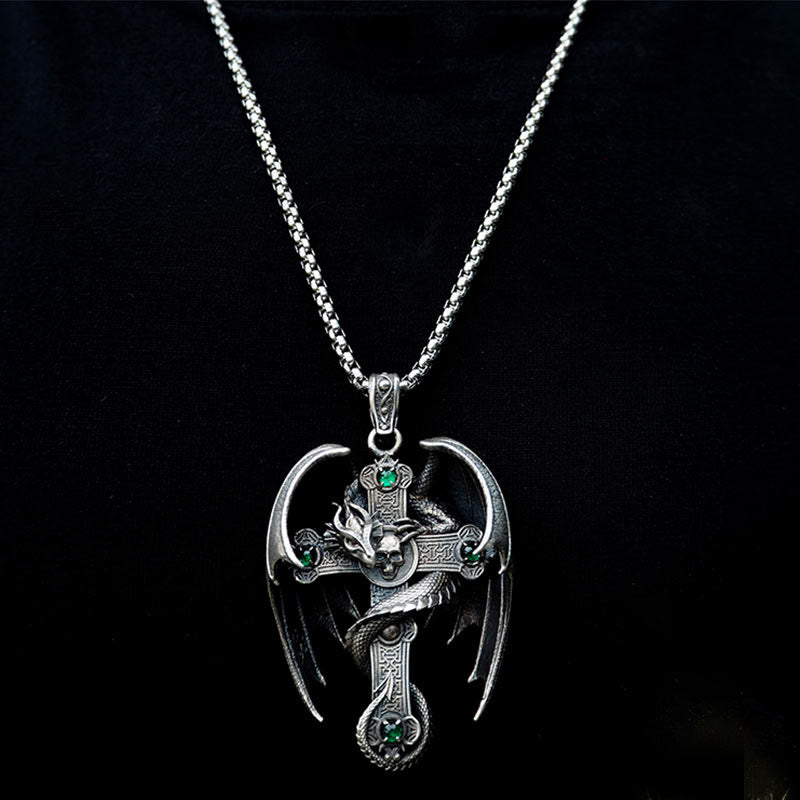 WorldNorse 925 Sterling Silver Gothic Emerald Dragon Cross Necklace - image 8
