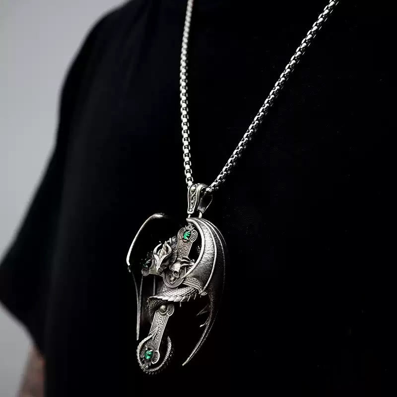 WorldNorse 925 Sterling Silver Gothic Emerald Dragon Cross Necklace - image 1