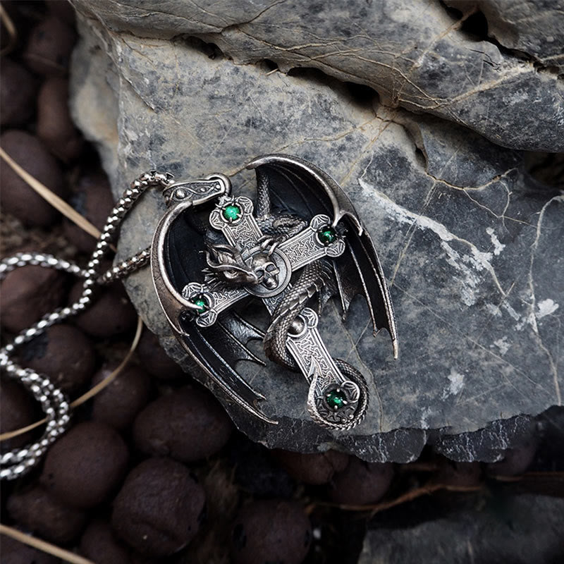 WorldNorse 925 Sterling Silver Gothic Emerald Dragon Cross Necklace - image 5