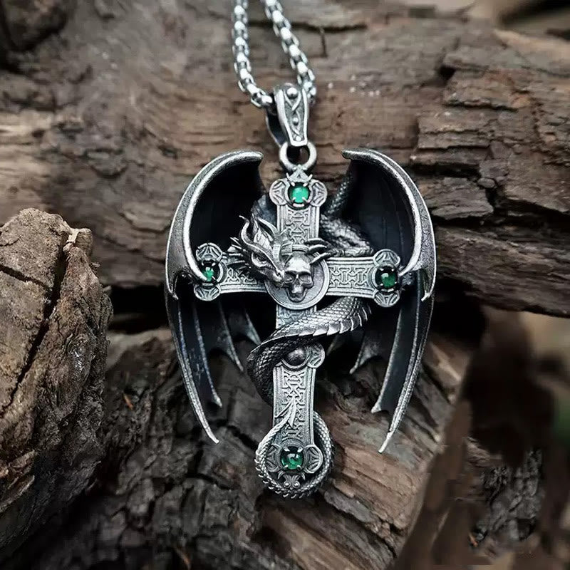 WorldNorse 925 Sterling Silver Gothic Emerald Dragon Cross Necklace