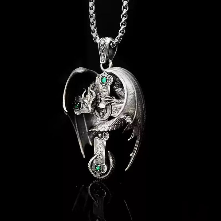 WorldNorse 925 Sterling Silver Gothic Emerald Dragon Cross Necklace - image 6