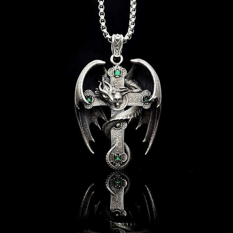 WorldNorse 925 Sterling Silver Gothic Emerald Dragon Cross Necklace - Necklace - image 0