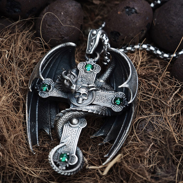 WorldNorse 925 Sterling Silver Gothic Emerald Dragon Cross Necklace - image 2
