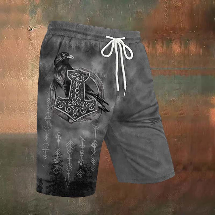 WorldNorse Raven Mjolnir Viking Style Casual Shorts
