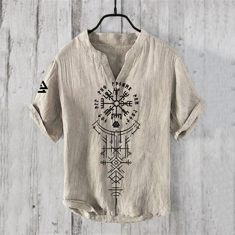 WorldNorse Valknut Vegvisir Rune Linen Casual Shirt - US/UK/AU50，EU60 (5XL) - image 1