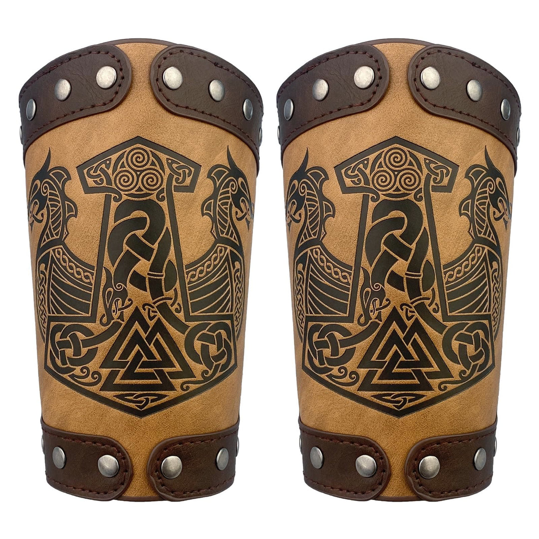 WorldNorse Medieval Leather Mjolnir Valknut Arm Bracers