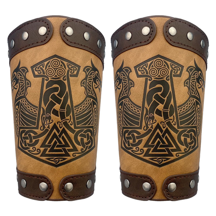 WorldNorse Medieval Leather Mjolnir Valknut Arm Bracers