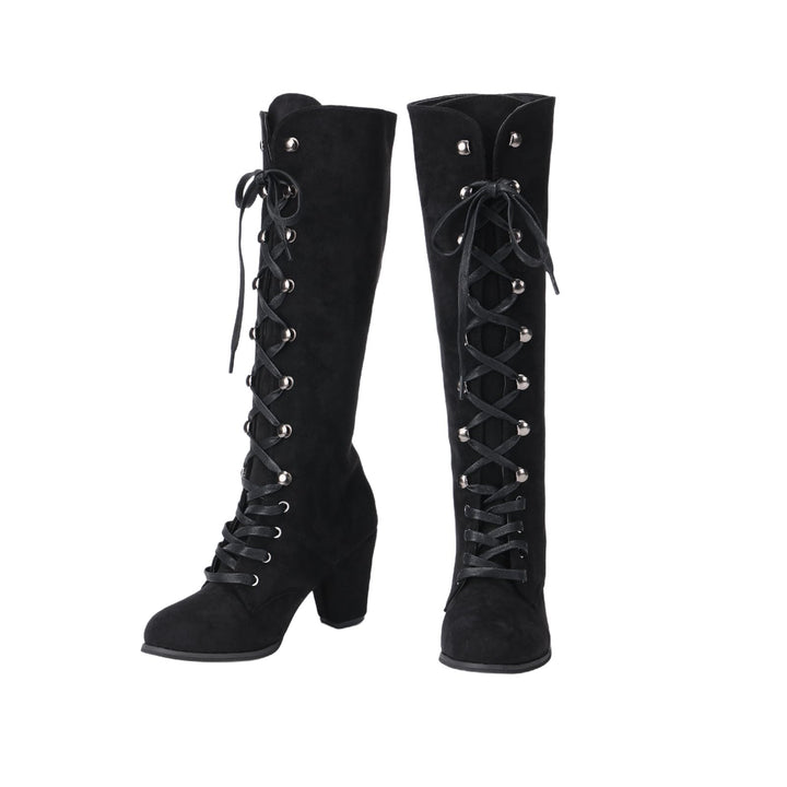 Worldnorse Women Chunky Heel Lace Up Mid Calf Boots