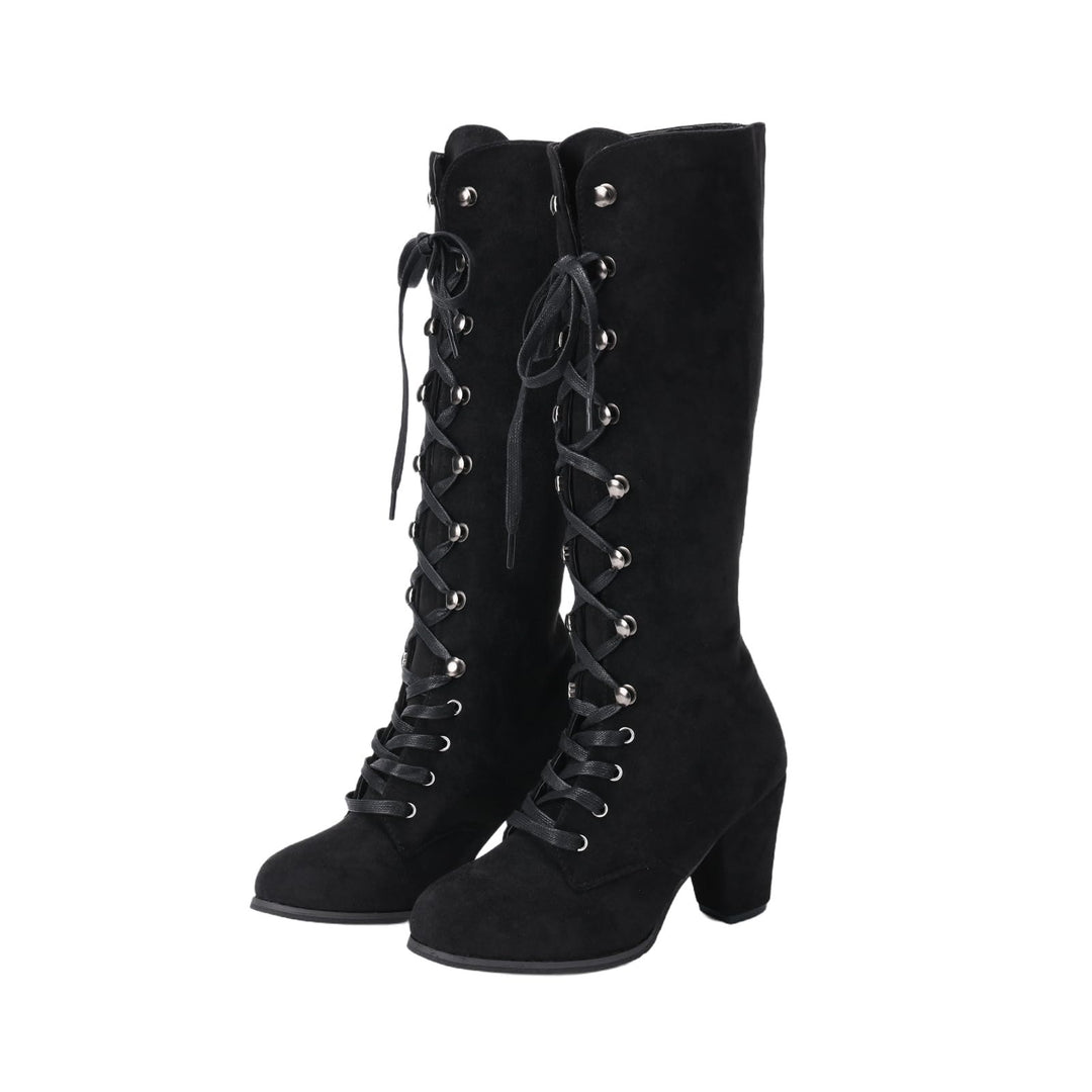 WorldNorse Women Chunky Heel Lace Up Mid Calf Boots - Black - 43 - image 0