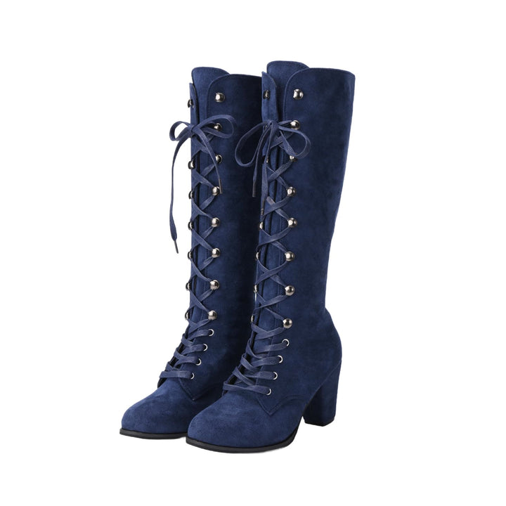 Worldnorse Women Chunky Heel Lace Up Mid Calf Boots