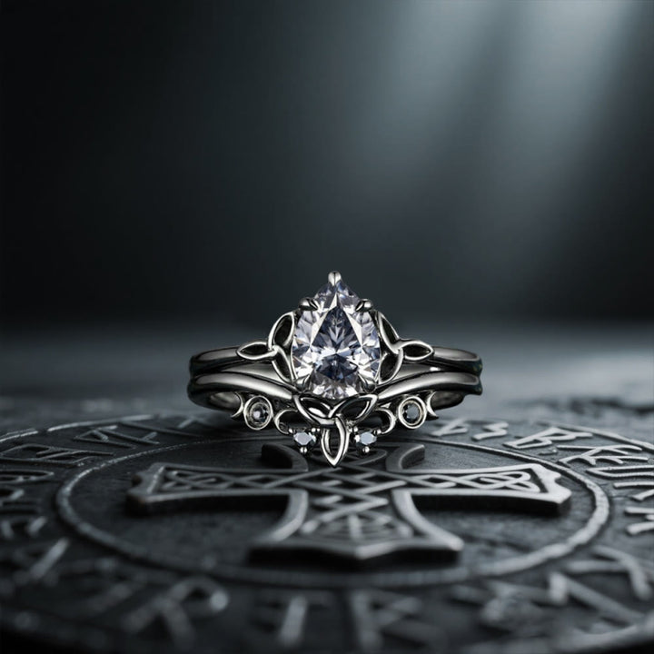 WorldNorse Vintage Celtic Knot Pear Gray Moissanite Ring Set - image 5