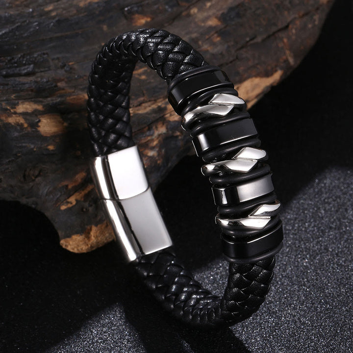 WorldNorse Punk Spiral Leather Bracelet - Black#Silver & Black - 23.5cm - image 0
