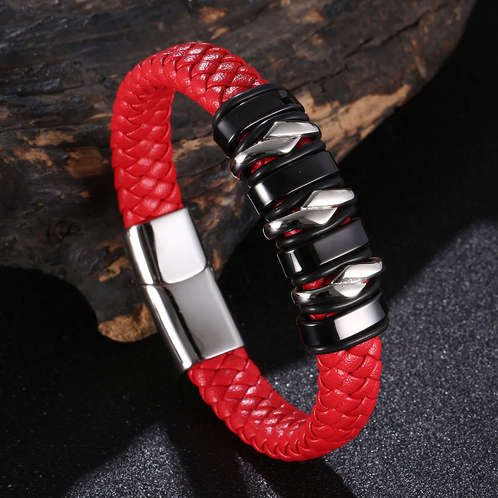 WorldNorse Punk Spiral Leather Bracelet - Red#Silver & Black  - 23.5cm - image 6