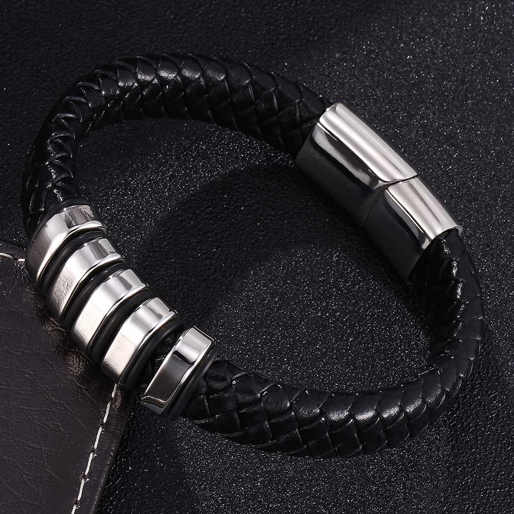 WorldNorse Black Braided Leather Bracelet - Silver - 23.5cm - image 4