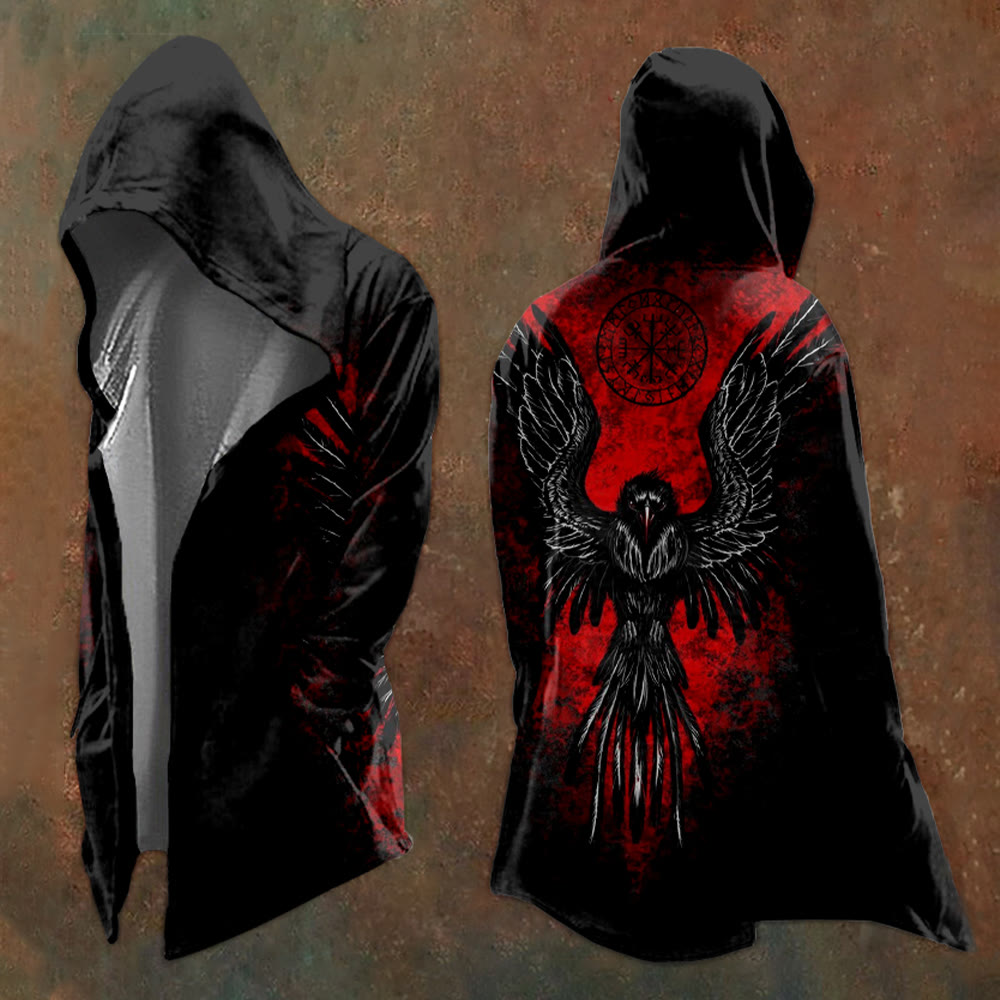 WorldNorse Viking Black And Red Raven Vegvisir Hooded Jacket - US/UK/AU48，EU58 (4XL) - image 0