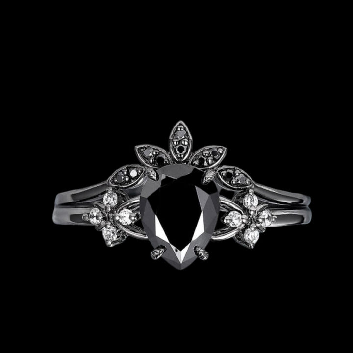 WorldNorse Black Onyx Tear Crown Ring Set - UK Size T1/2（US 10） - image 0