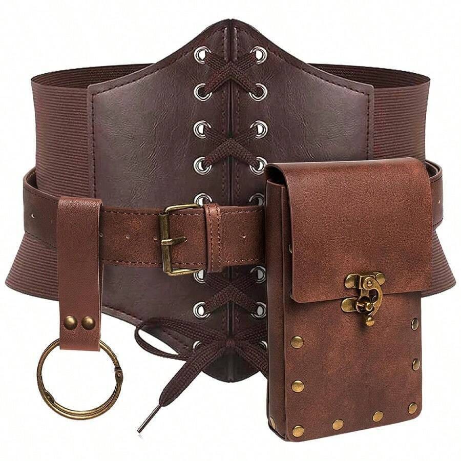 WorldNorse Renaissance Costume Accessories Waist Bag - Belt + Bag + Leather Braces - Brown - image 0