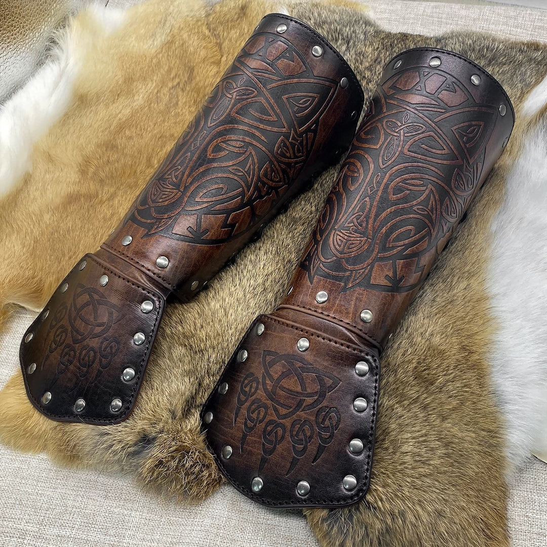 WorldNorse Viking Wolf Triquetra Leather Arm Bracers - Wolf#A - Brown - image 0