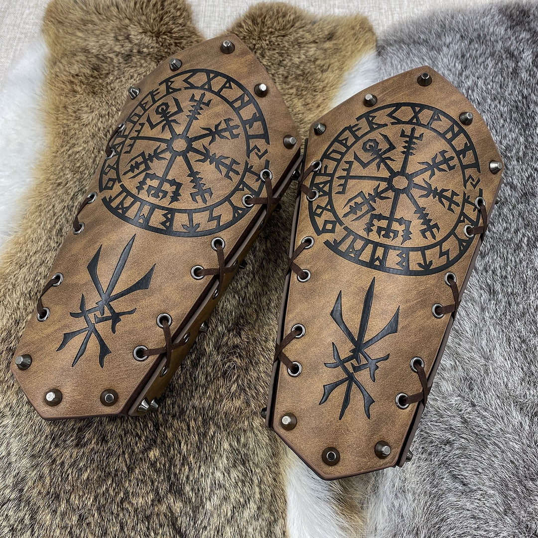 WorldNorse Viking Warrior Bucket Spike Lace Up Arm Bracers - Vegvisir - Brown - image 18