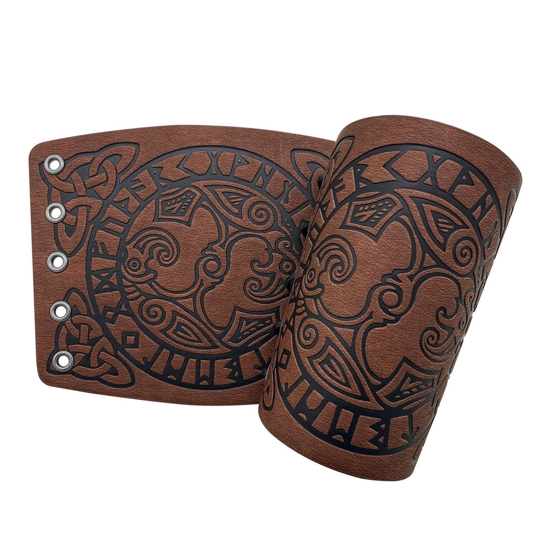 WorldNorse Mythology Odin's Raven Rune Leather Arm Bracers - Brown - image 0