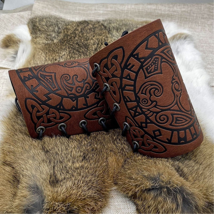 WorldNorse Mythology Odin's Raven Rune Leather Arm Bracers - image 1
