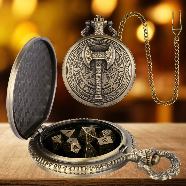WorldNorse Viking Axe Three Dimensional Dice Waist Chain - Pocket Watch Case + Chain + Dice - Gold - image 0